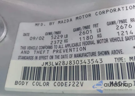 2003 Mazda Mpv Es/Lx/Lx-Sv z USA, uszkodzony, nr VIN JM3LW28J830343543